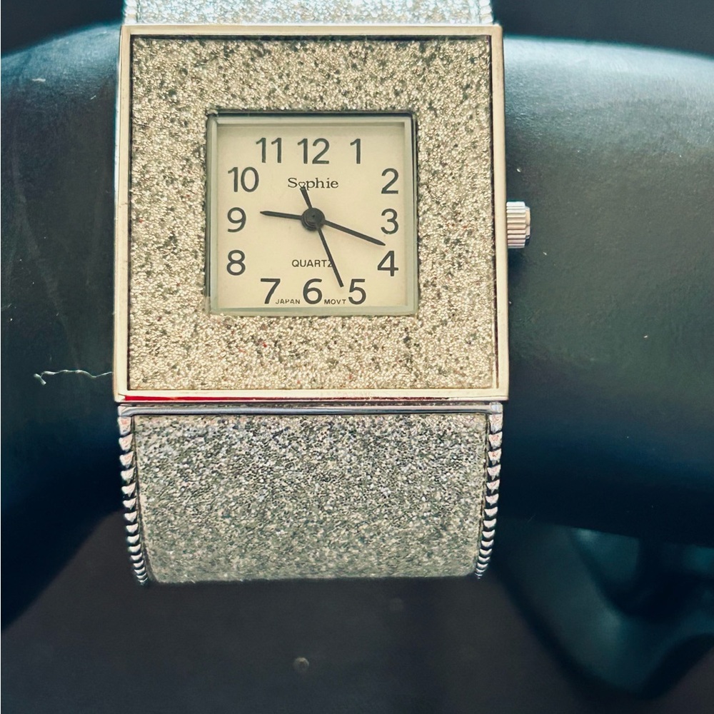Shimmering “Sophie” Silver Glitter Watch/Cuff/Bracelet - Hinged Band -Vintage